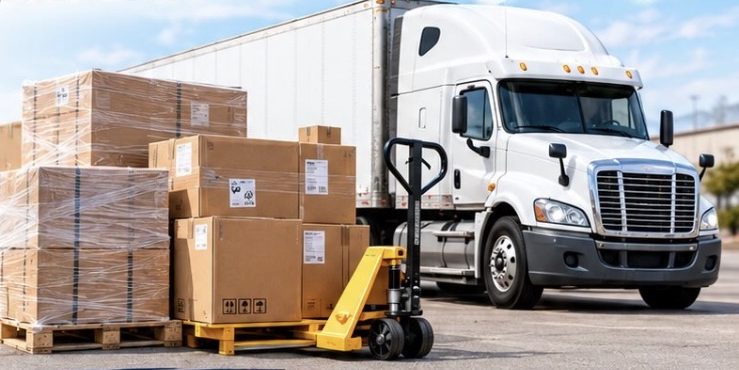 Palletized freight shipment ready to load onto a semi truck