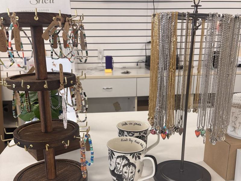 Studio Shell handmade beaded bracelets and a necklace display
